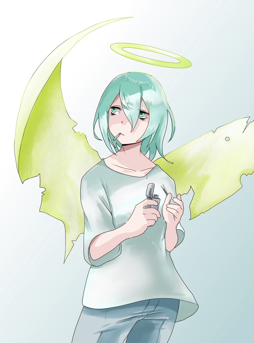 solo short hair shirt green eyes wings pants halo  illustration images