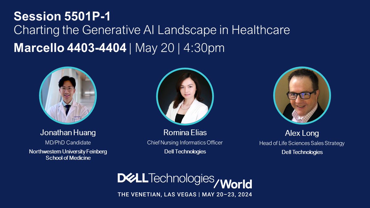 Join us in exploring the groundbreaking impact of Generative AI in healthcare in #DellTechWorld Session 5501P-1. Discover how #GenAI is revolutionizing patient care, research, and more! 
dell.to/3Qtu7jl #TransformHIT #DTWIndustries #iwork4dell #iwork4dell