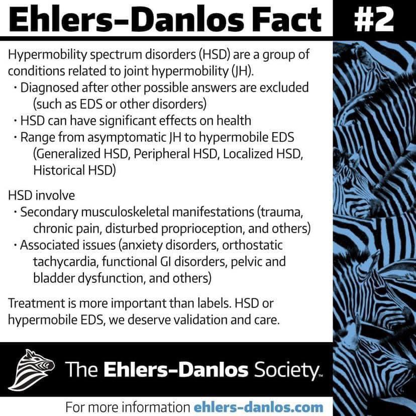 Ehlers-Danlos Awareness Month - Day 2 
#EDS #EDSAwareness #EDSAwarenessMonth #EhlersDanlosSyndrome #Hypermobility #POTS #MCAS #ChiariMalformation #Dysautonomia 
#IntercranialHypertension #Dislocations #Subluxation #ConnectiveTissue #ZebraStrong #JointDamage #InvisibleDisability