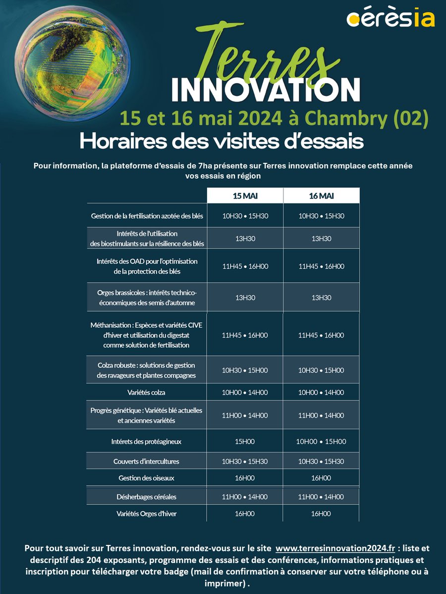 Coopceresia's tweet photo. J-13 ! #terresinnovation
Les équipes agronomiques @Coopceresia  vous donnent rendez-vous sur Terres INNOVATION 2024 les 15 et 16 mai à Chambry (02)pour visiter les 7 ha d'#essais variétaux !
Programme et horaire👇
Badge d'accès : https://t.co/ThNavo04b9

https://t.co/FWdy3o3Vvq https://t.co/NrVa9UiU1B