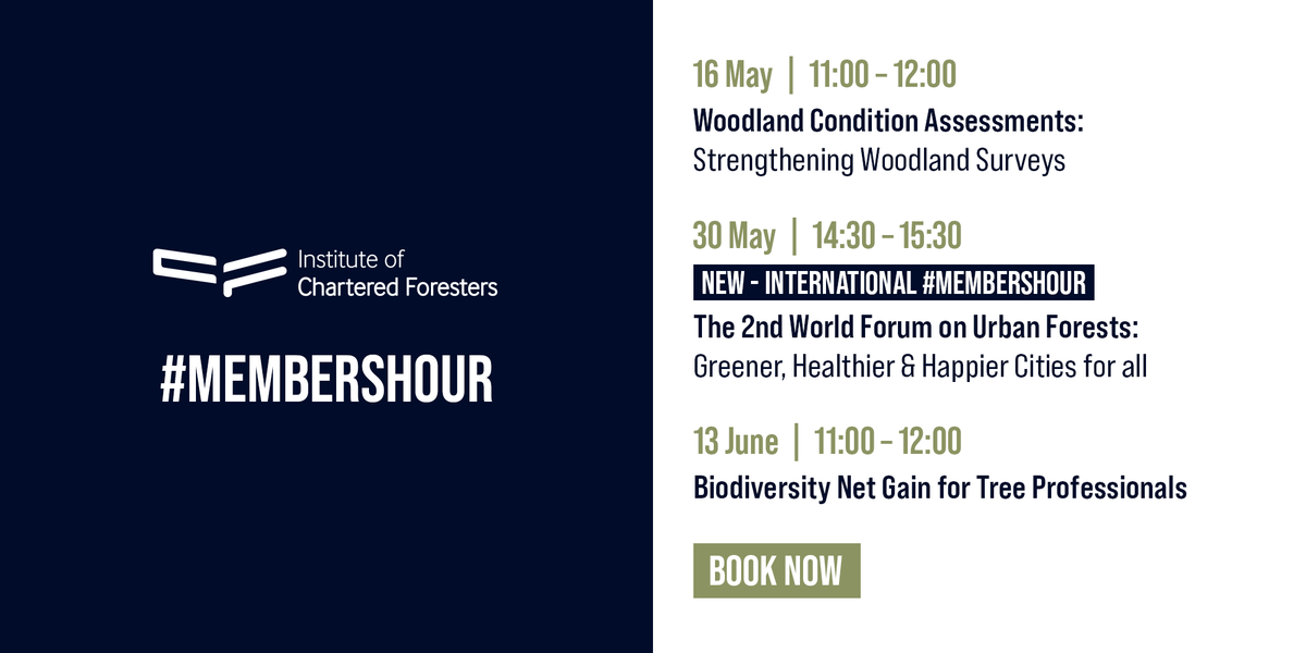 TheICF's tweet photo. Visit our website to find out more about our upcoming #MembersHour sessions on woodland condition assessments, international urban forests and biodiversity net gain.
💡 Members can claim one hour of CPD for attending these events!
Events calendar: https://t.co/3rxam3WfjH https://t.co/qrrOROHtUS