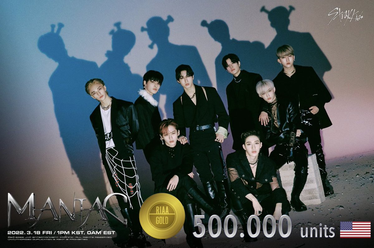 #StrayKids' single ‘MANIAC’ has been certified Gold by the Recording Industry Association of America (RIAA) for sales of half a Million! 💪🇺🇸🏆📀🔥👑👑👑👑👑👑👑👑💙🖤

#MANIAC 
#RIAA