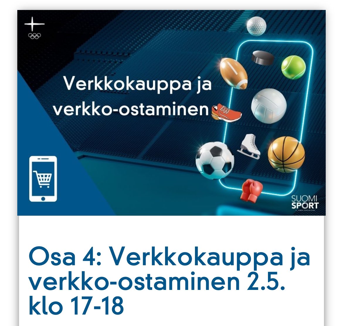 Tänään hieno mahdollisuus urheiluseuratoimijoille kehittää verkkokauppaosaamista klo 17-18!

Webinaarissa kuulet kuluttajien maksukäyttäytymisestä verkossa ja miten seurasi voi hyötyä verkkokaupasta.

Kouluttajina @CaritaRiuttaja @parsama
Ilmoittaudu👇 info.suomisport.fi/seurojen-palve…