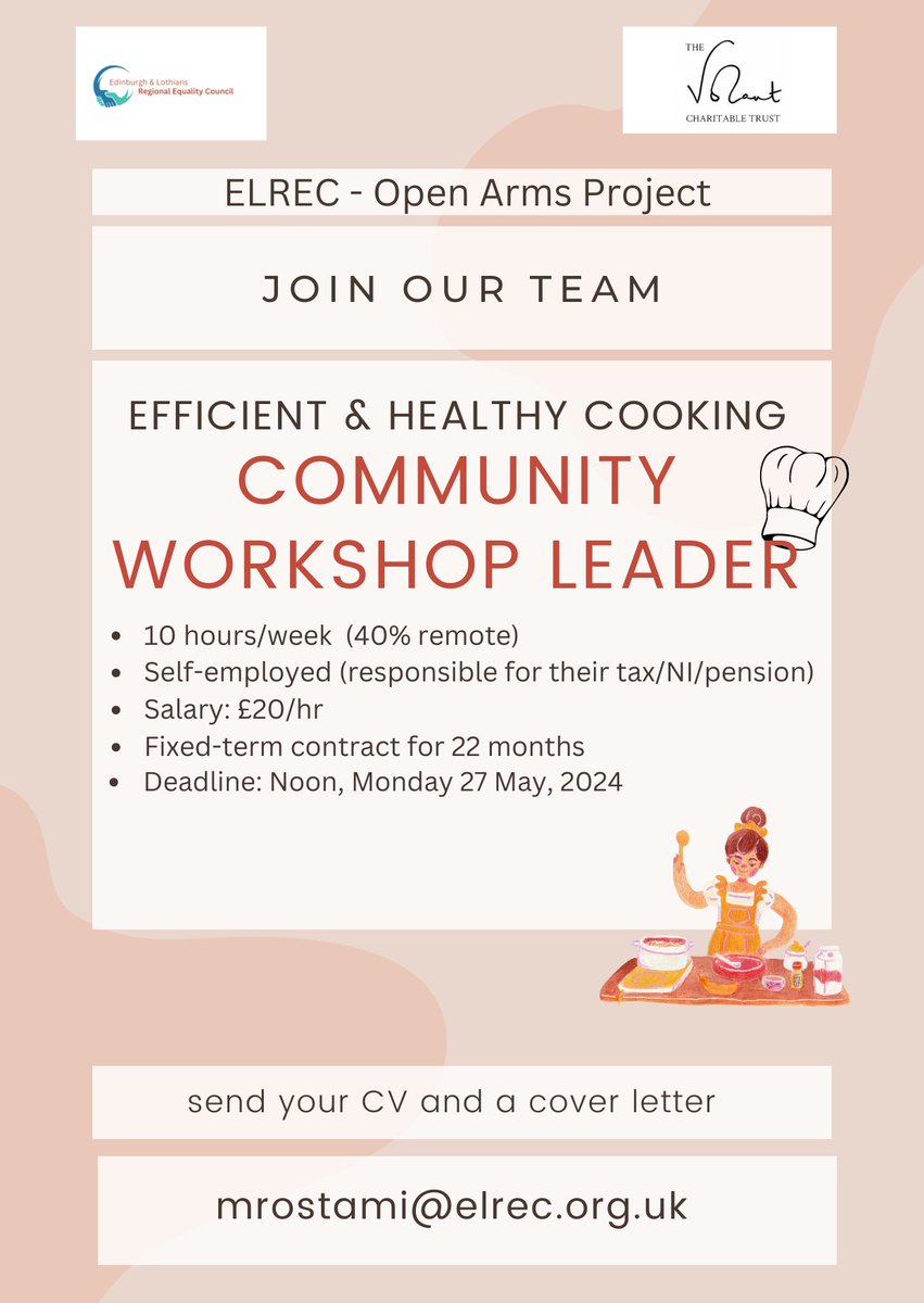 We are Hiring📷: Efficient & Healthy Cooking, Workshop Leader! For more details about the project and the role, please click on the link provided. elrec.org.uk/we-are-hiring-…