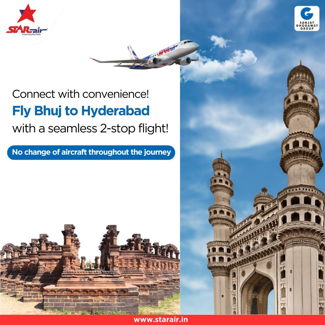 Elevate your Travel Experience with us. seamless 2-stop flights connecting Hyderabad to Bhuj and vice-versa, with no need for multiple transfers. #DailyFlights #StarAir #FlywithStarAir #StarExperience #ConnectingRealIndia #EmbraerE175 #E175 #Embraer #SanjayGhodawatGroup