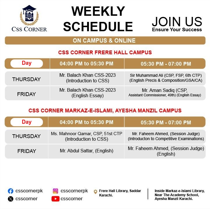 CSSCorner's tweet image. Weekly schedule
Stay organized and focused with our weekly classes schedule!
#css #csscorner #Schedule #weekly #classes #campus #karachi #frerehall