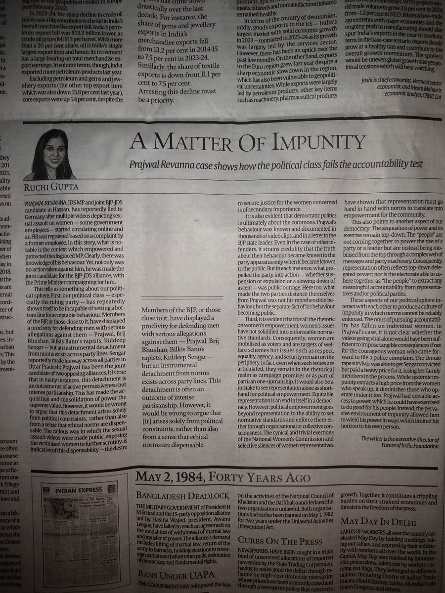 'Here too, what made the two parties distance themselves from Prajwal was not his reprehensible behaviour, but the separate fact of his behaviour becoming public' - @guptar (@IndianExpress)