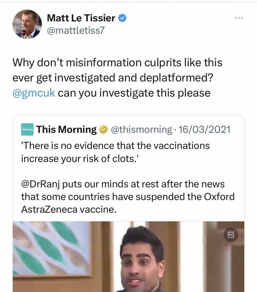 Matt Le Tissier wants Dr Ranj to be investigated and deplatformed for his comments on ‘This morning’ 2021. The same time 2021 ‘good morning Britain, Dr Malhotra was claiming the jab was the safest of all drugs and hesitancy was due to misinformation. 🤷 x.com/gmb/status/135…