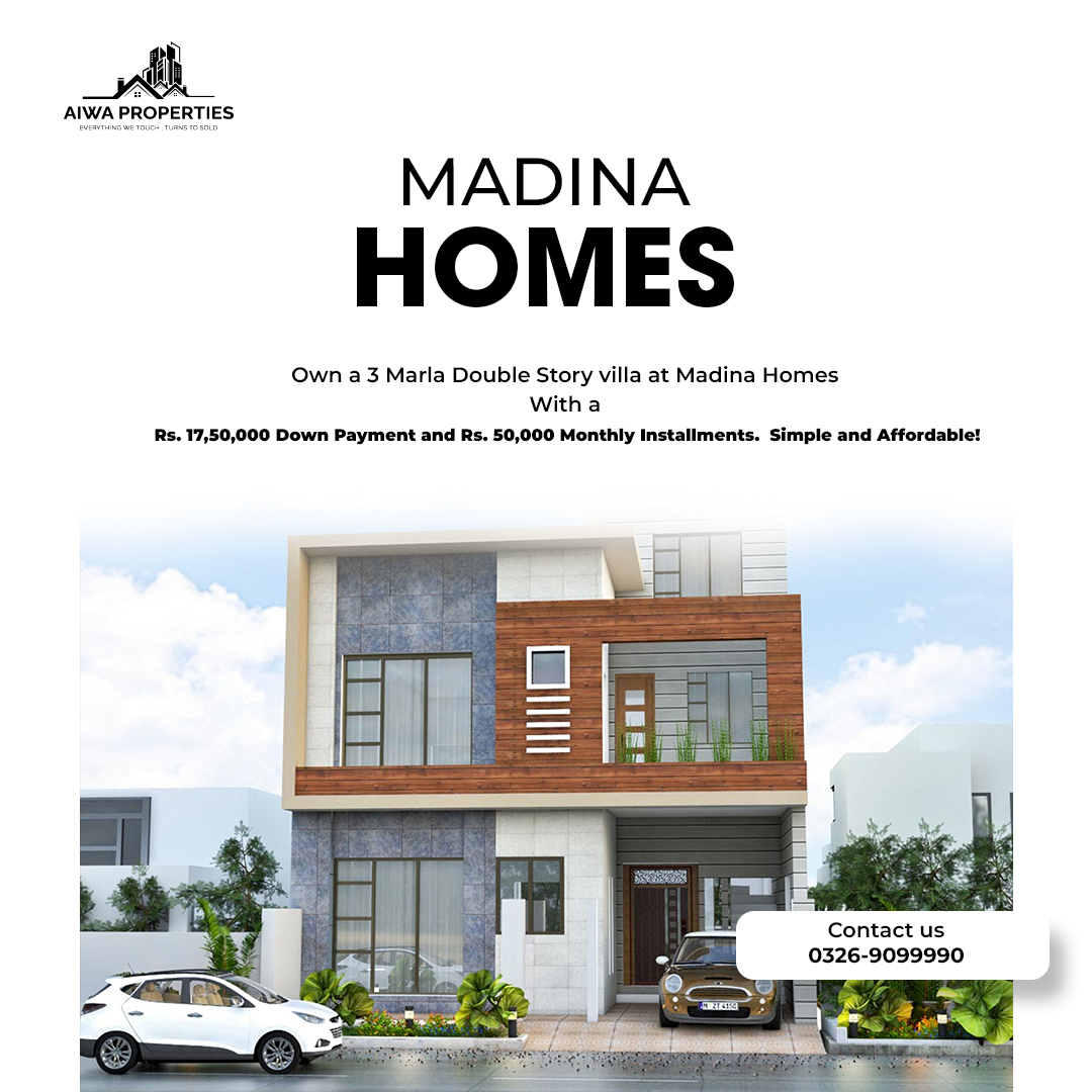 Escape to tranquil living at Madina Homes. Own a spacious 3 Marla double story villa and immerse yourself in suburban serenity. With modern amenities and thoughtful design, each detail enhances your living experience.
