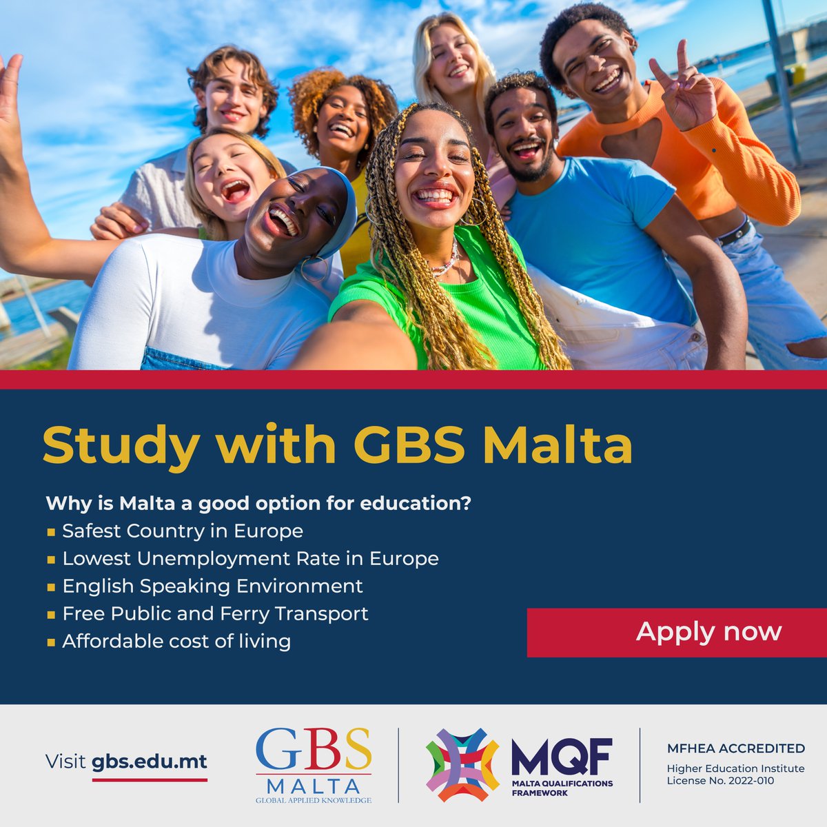 Work towards your academic potential in the heart of the Mediterranean!

#GBSMalta offers MFHEA approved programmes in a secure and thriving environment, boasting the lowest unemployment rate in Europe.

 Apply today: bit.ly/3IMsskU

#StudyinMalta #EuropeanEducation