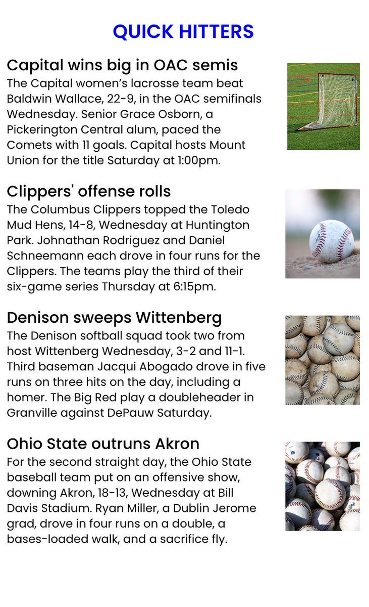 Our 'Quick Hitters' this morning feature great results for @CLBClippers and @DenisonSoftball, as well as solid performances from local athletes at the collegiate level. @PCTigersLax @pick_central @CapitalWLAX @DubJeromeBSBL @jeromeceltics @OhioStateBASE