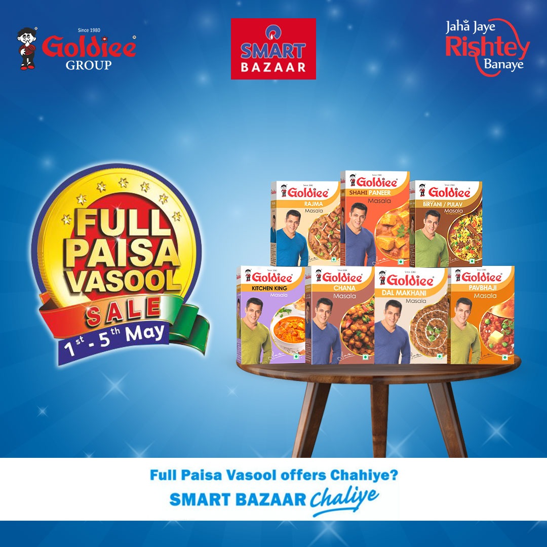 This sale is a spice-tacular event!
Don't miss out.  It's time to Shop more and save extra!!

#GoldieeMasale #GoldieeGroup #GolideeSpices #RelianceSmart #SmartBazaar #JioMart #ShowNow  #PaisaVasoolSale #ExcitementUnleashed #PaisaWasool #smartbazaar #jiomart #offer #SaleAlert