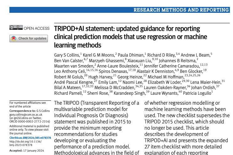 ICYMI. Our latest #openaccess recommendations for reporting #AI/#machinelearning prediction model studies in healthcare are out in the @bmj_latest bmj.com/content/385/bm… Don't forget there is further brief guidance for each recommendation in the supplementary material