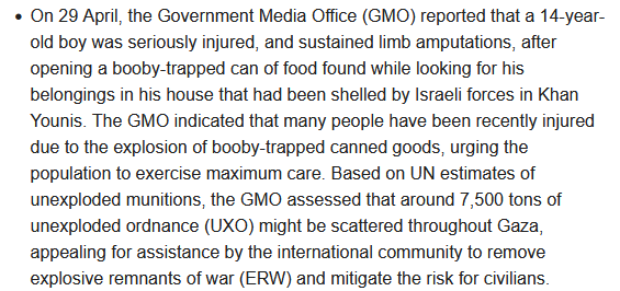 From @UNOCHA: 'a child sustains limb amputations following the reported detonation of a booby-trapped can of food in Khan Younis.'