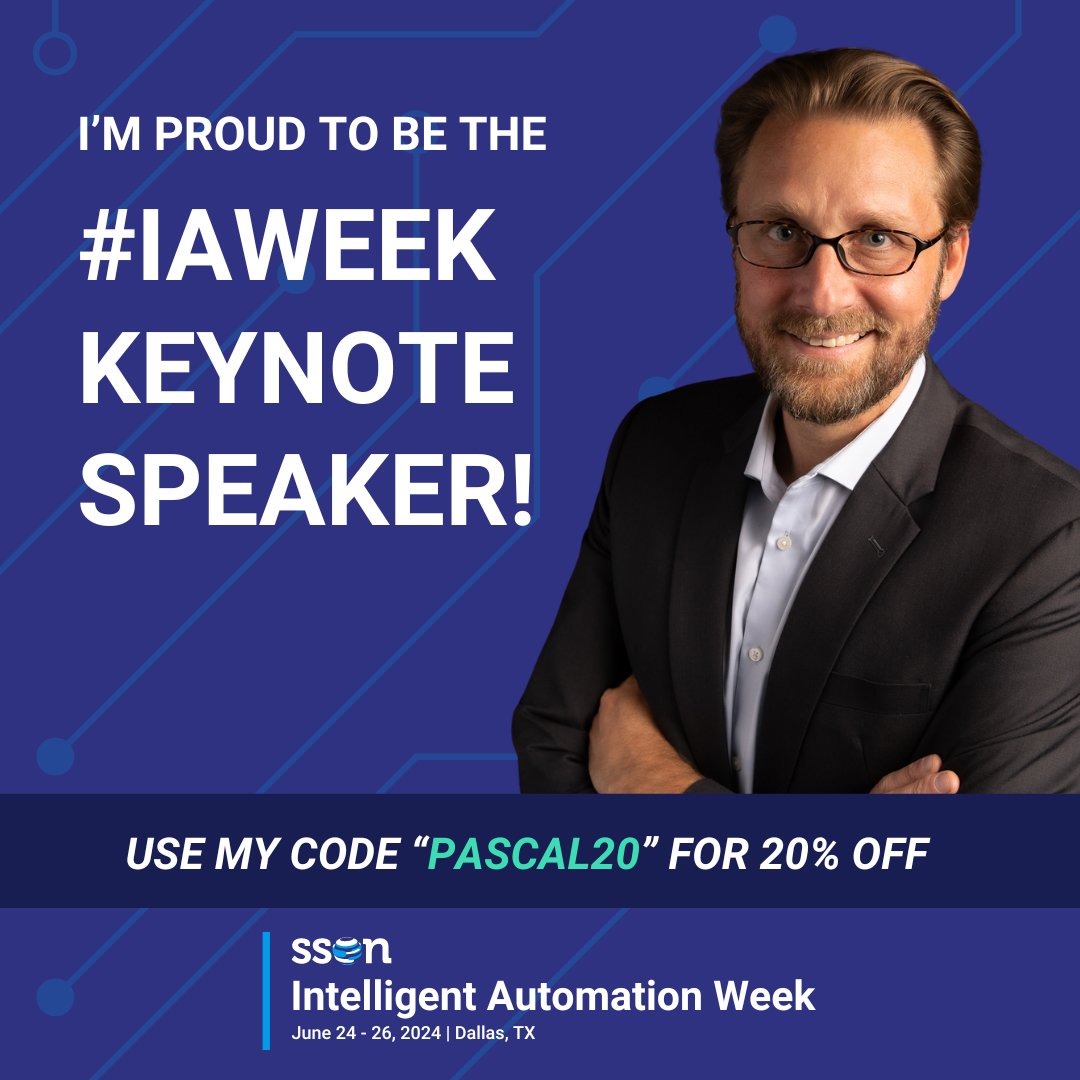 Join me as Keynote Speaker at #IAWeek, Dallas, June 24-26! Dive into automation and generative AI with a 20% discount using code 'PASCAL20' Register by May 10 for an extra $500 off: bit.ly/4cjL3lW @SSON #intelligentautomation #IA #automation #generativeai #genai