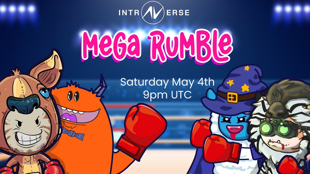 🎉 MEGA NFTOPIA RUMBLE CHAIN 💸 WIN 200$+ in NFTs 🗓️ 04th May | 9PM UTC Time to rumble across @intraVerse_Game partners Discord servers and win exclusive NFTs to celebrate @thenftopia convention! 🎁 Tag your friends and try your luck! ⚔️ #MegaRumble