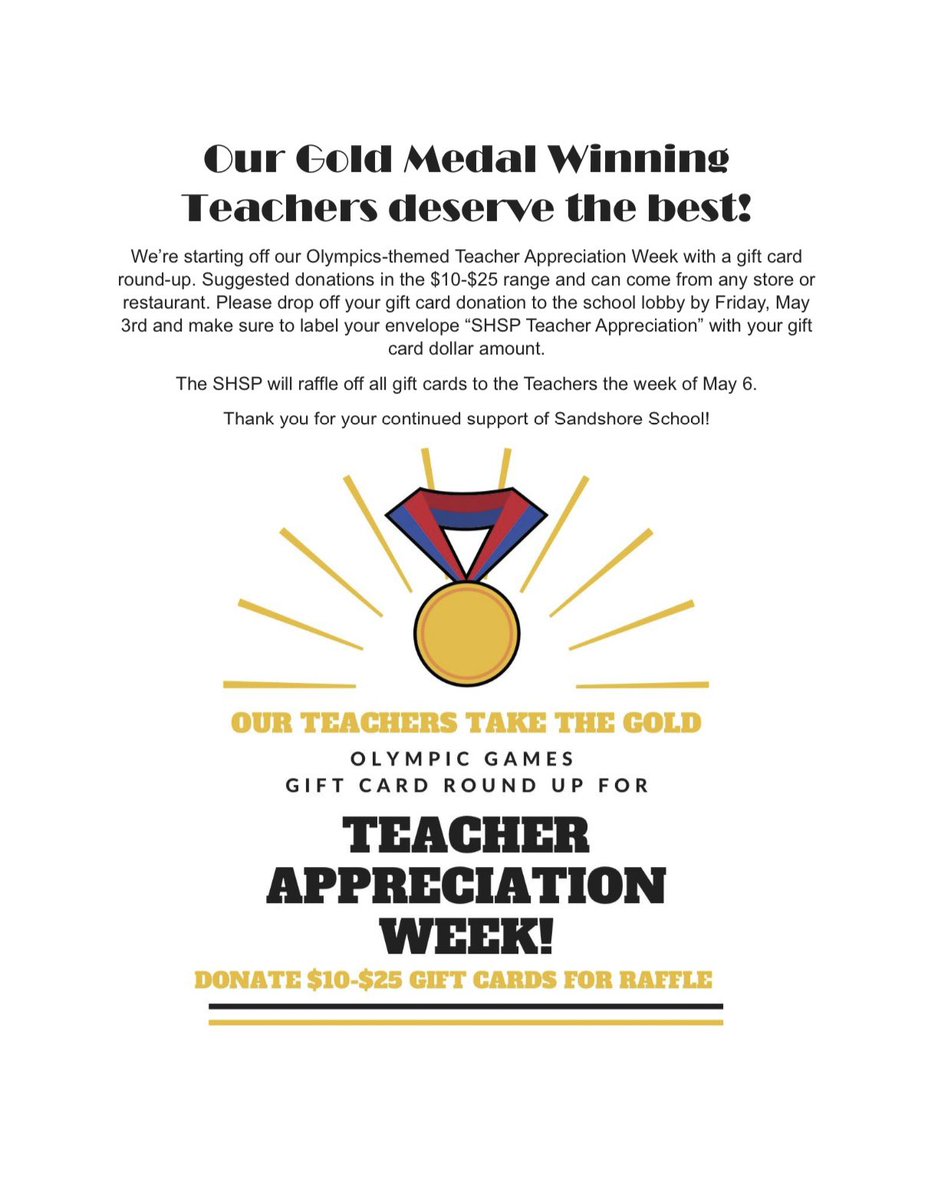 SHSP (@theshsp) on Twitter photo Weβre still in need of gift cards. Please remember to have your child fill out their Gold Medal Teacher papers and send them back in to school. If you are able to help us please sign up here:
signupgenius.com/go/20F044AADA8β¦
<a href="/Jen1Curry/">Jennifer Curry</a> <a href="/kristymc24/">π¦ππΎπππ ππΈπΉπΆπππΆππ</a> <a href="/MOSandshore/">Mount Olive Sandshore School</a> Weβre still in need of gift cards. Please remember to have your child fill out their Gold Medal Teacher papers and send them back in to school. If you are able to help us please sign up here:
signupgenius.com/go/20F044AADA8β¦
<a href="/Jen1Curry/">Jennifer Curry</a> <a href="/kristymc24/">π¦ππΎπππ ππΈπΉπΆπππΆππ</a> <a href="/MOSandshore/">Mount Olive Sandshore School</a>