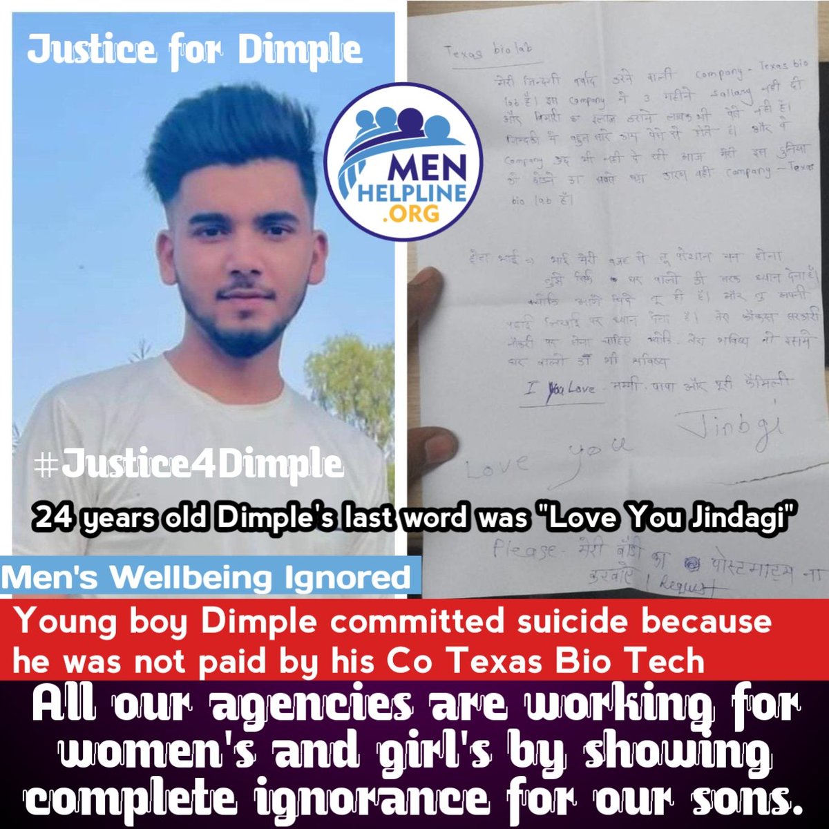 Due to the complete ignorance of male well-being, India has lost a talent. He held onto hope for life until his last breath. It's unfortunate that our agencies only seem to focus on females and neglect the needs of Male's. #Justice4Dimple #saveoursons #saveourboys #menhelpline