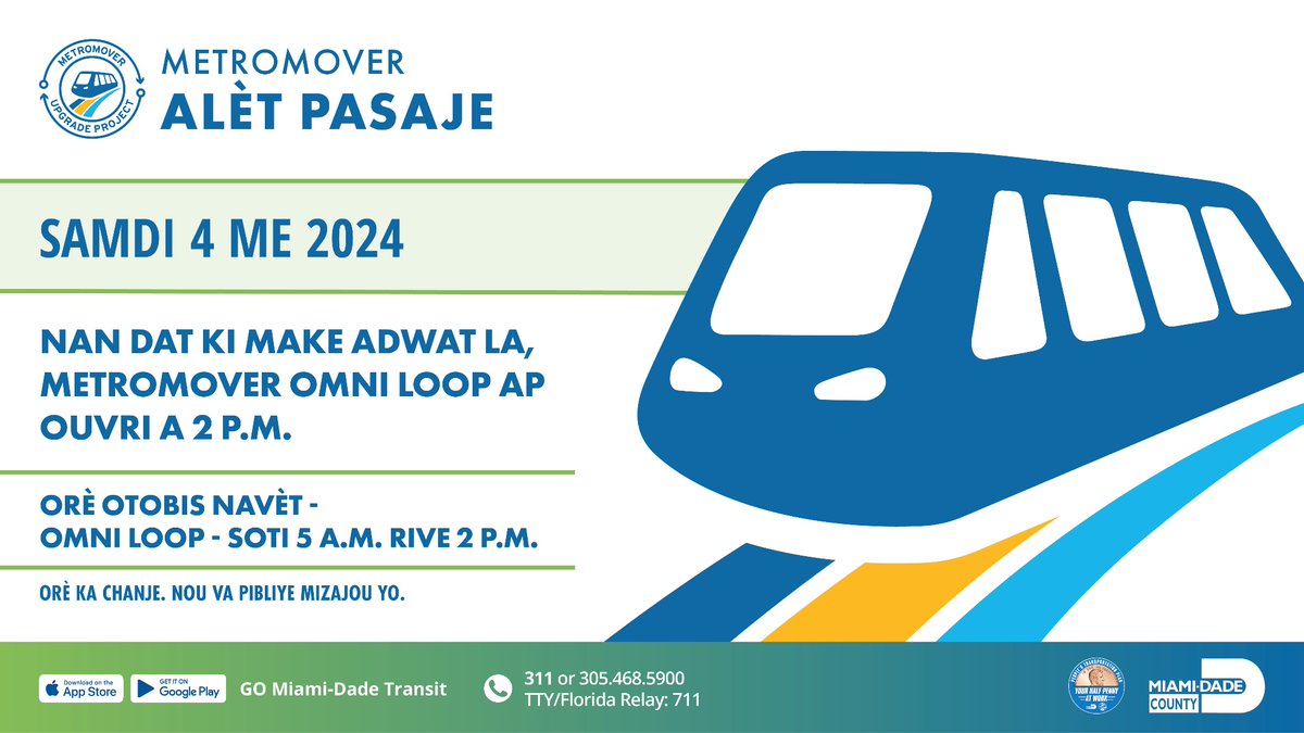 Samdi 4 me, tout estasyon ki sou sikwi Metromover Omni Loop la ap ouvri a 2 p.m. oswa pi bonè akòz travay modènize sistèm transpò a.