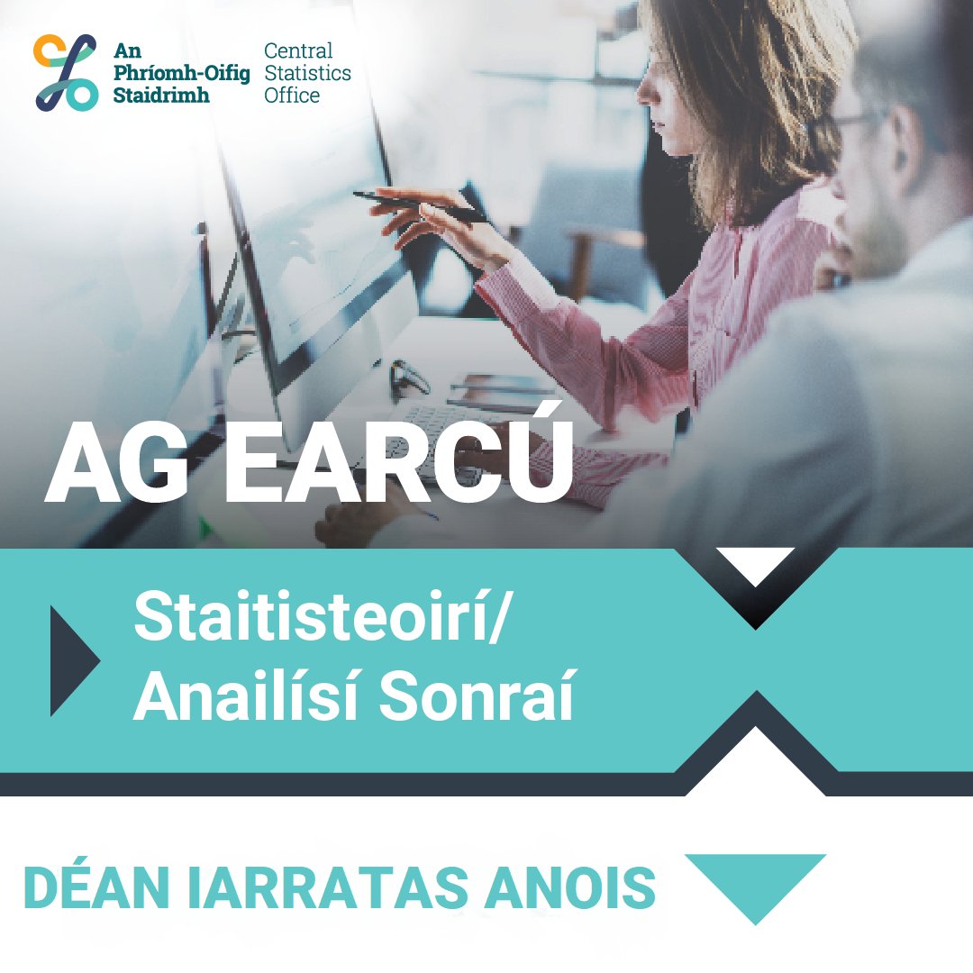 Táimid ag earcú Staitisteoirí agus Anailísí Sonraí i gCorcaigh agus i mBaile Átha Cliath.

Dáta deiridh le haghaidh iarratas: 3i.n. 23 Bealtaine 2024.

Tuilleadh eolais anseo: csocareers.thehirelab.com/LiveJobs/JobAp…  .EN

@CSOIreland #POStaidrimh #SíognabPost #AgEarcú