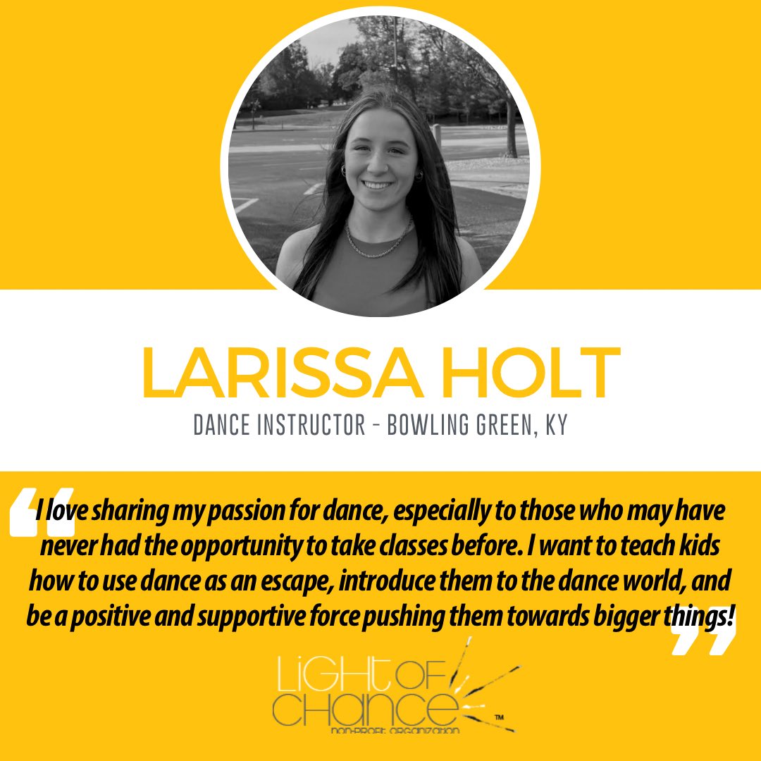 Meet our new Bowling Green Dance Instructor, Larissa Holt! She is currently obtaining her Bachelor’s degree in both Criminology and Dance! She is originally from Benton, KY. 
#lightofchance #breatheyoutharts #youtharts #music #dance #visualarts #culinary #bowlinggreenky