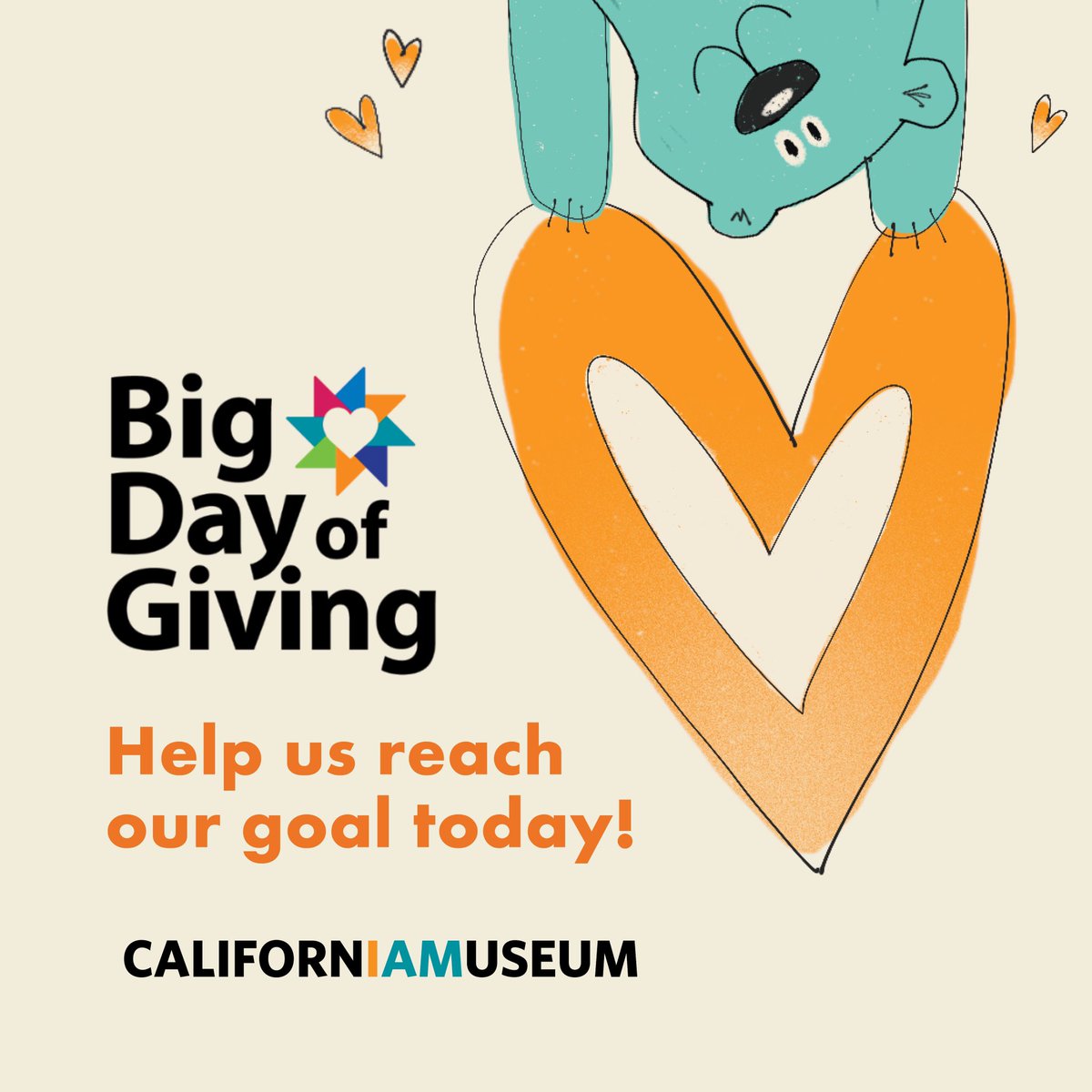 Today's the Big Day! Can you help us reach our goal by midnight? If we meet our $20,000 target, we'll celebrate with a free admission day! As a nonprofit, we rely on your generosity to sustain exhibits & programming. Donate now at BigDayofGiving.org/CaliforniaMuse… or call (916) 651-0935.