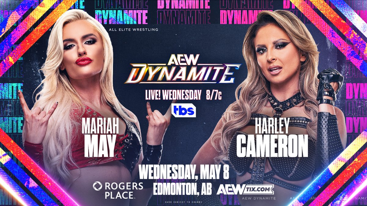 #AEWDynamite THIS WEDNESDAY! @RogersPlace | Edmonton, AB LIVE 8pm ET/7pm CT | @TBSNetwork Harley Cameron vs Mariah May @itsdanni_ellexo challenged 'Tiny Storm' @MariahMayX to a match, but will certainly have her hands full with 'The Glamour' THIS WEDNESDAY!