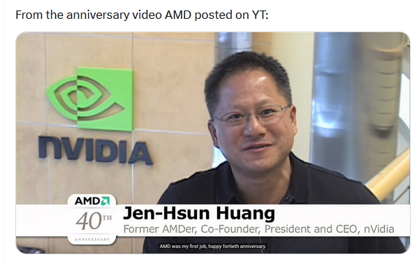 Not only are Nvidia CEO Jensen Huang and AMD CEO Dr. Lisa Su cousins, but Jensen also worked at AMD! The more you know 💫 redd.it/1ciar2a