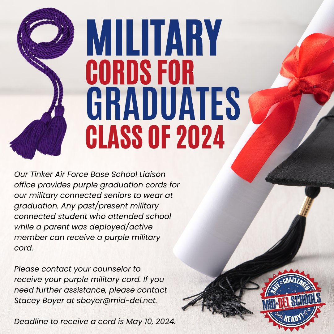 Attention graduating seniors! Are you military-connected? Our Tinker Air Force Base School Liaison office is proud to provide purple graduation cords for our military-connected seniors to wear at graduation. Contact your counselor to receive your cord before the May 10 deadline.
