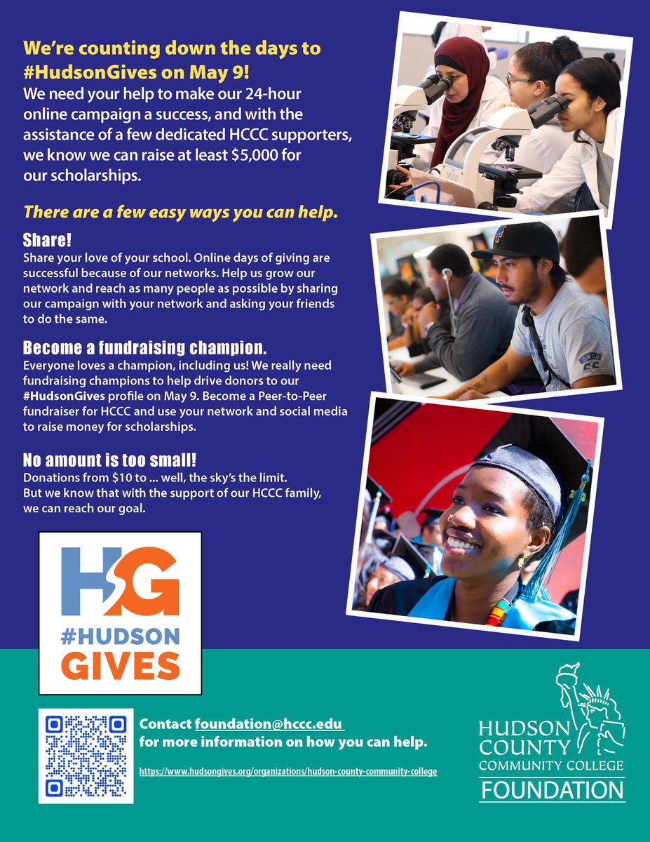 #HudsonGives Is Coming May 9 ... We Need Your Help! For more information on how you can help Contact foundation@hccc.edu. To make a donation, go to: hudsongives.org/organizations/…