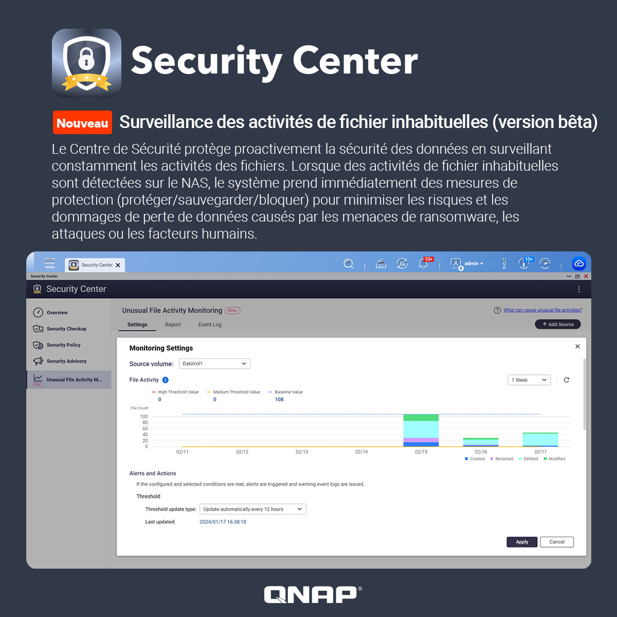 Le tout nouveau Centre de sécurité de QTS 5.2 / QuTS hero h5.2. introduit une fonctionnalité inédite : la Surveillance des Activités de Fichiers Inhabituelles (en version bêta) 🔥🔥🔥qnap.to/5w2mk3

#QNAP #sécurité #NAS