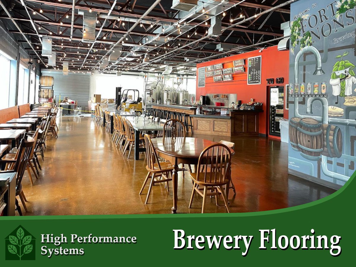 🍺 #TBT to one of our flooring projects at a Brewery. The client opted to #acidstain their existing concrete floors in the dining room area. The color of the stain looks stunning, brightening up the room. highperformancesystems.com #Breweryflooring #epoxycoating #epoxyflooring