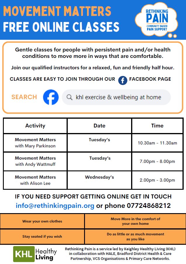 NATIONAL RESOURCE -  please promote our free WEEKLY LIVE Facebook 'Movement Matters' classes. Run by tutors, qualified to deliver to people with pain &  health conditions. Like a PDF flier? - email us on info@rethinkingpain.org 
@ActiveBradford 
@VersusArthritis 
@Sport_England