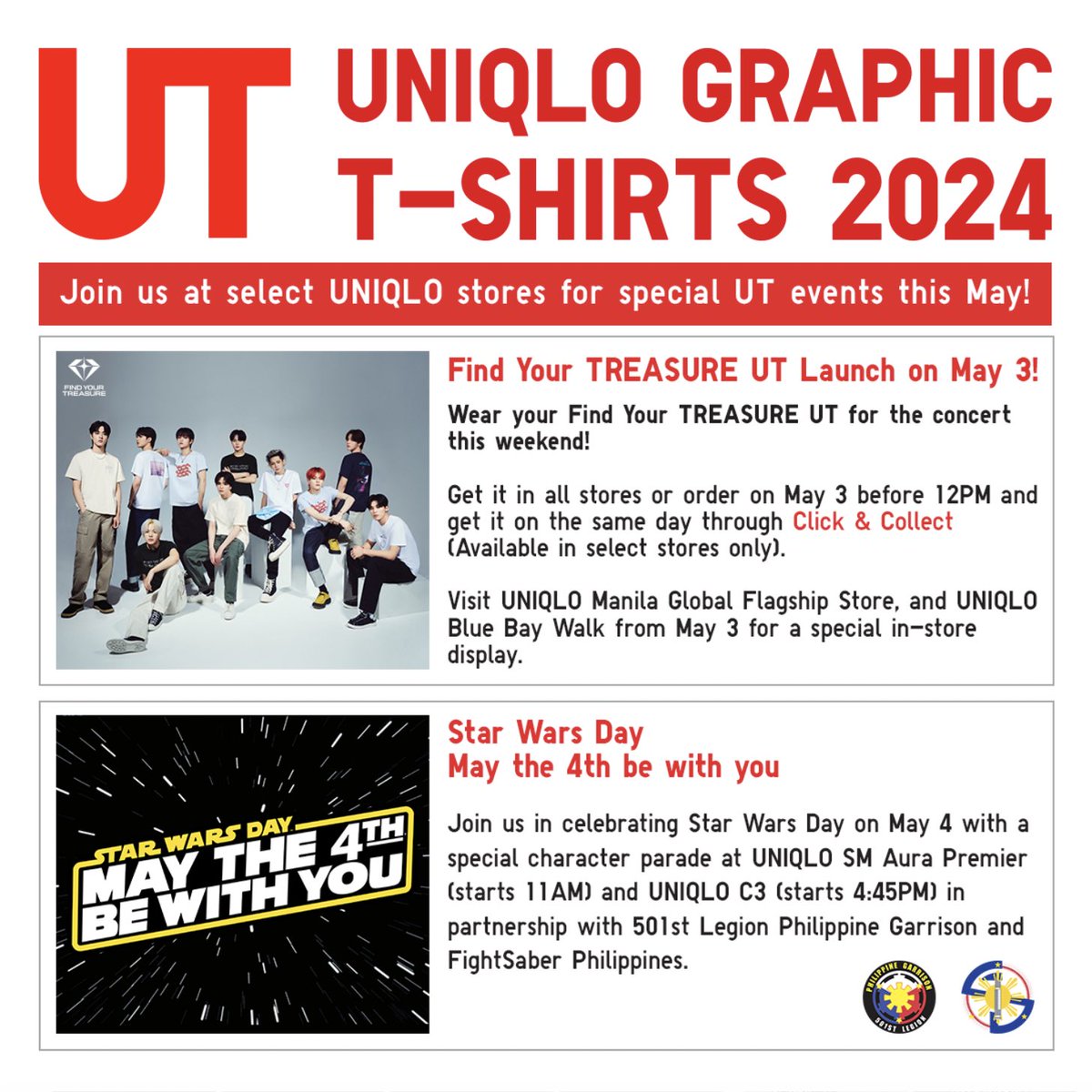 Excited for the new UTs launching?

Join us in celebrating Find Your TREASURE UT on May 3 and Star Wars Day on May 4! Visit any UNIQLO store and get the latest UT collection here: uniqlo.com/ph/en/special-… 

#WithUT #UniqloPH #LifeWear #FINDYOURTREASURE #TREASURE #StarWars