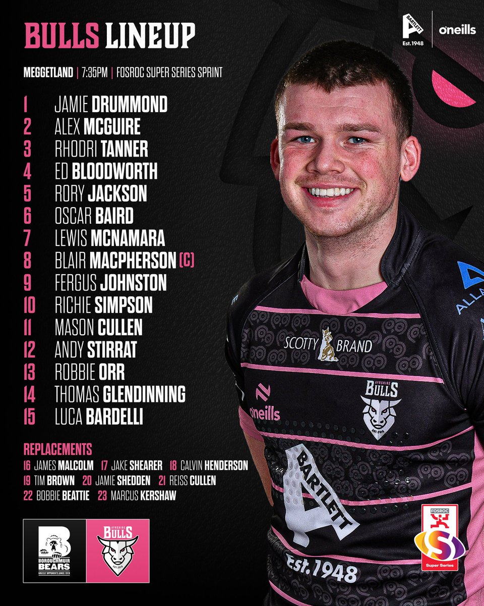 TEAM NEWS | 🗞️ Here’s how the Ayrshire Bulls lineup for Round 3 of the FOSROC Super Series Sprint as we take on the Boroughmuir Bears at Meggetland tomorrow night 👊 #backingthebulls | #FOSROCSuperSeries