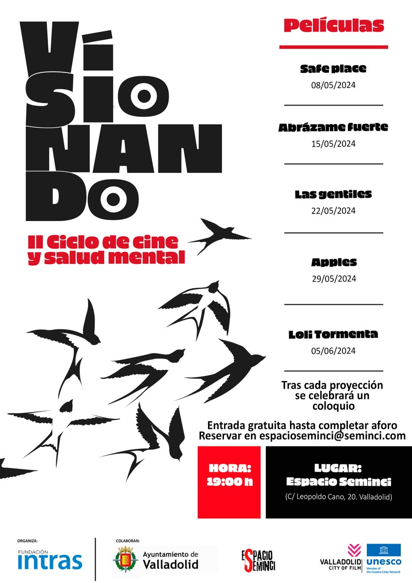 Nuestro II Ciclo de cine y #saludmental Visionando se celebrará del 8 de mayo al 5 de junio en el Espacio @SEMINCI. Todos los miércoles, películas que invitan a la reflexión. Y tras ellas, coloquio. 

Más información en el cartel y en la noticia 👇🎥👇 
intras.es/articulos/vuel…