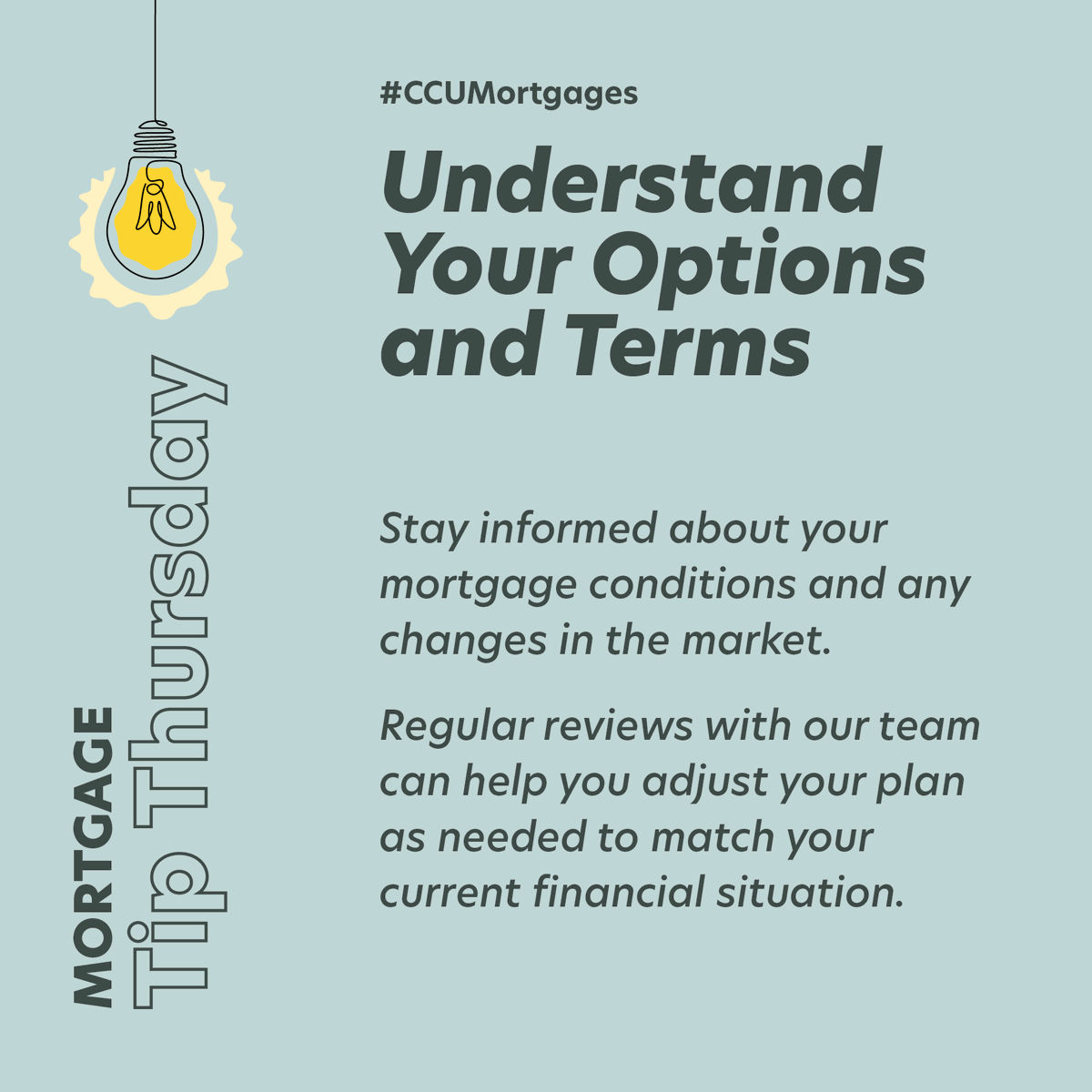 Keep up-to-date with your mortgage and market changes. Regular check-ins with our team can help adjust your plan to fit your current financial needs.
#AskAudrey #MortgageTips #CCUmortgages #FinanceTips #SaveWithCCU #Homebuyersguide #homeloansmadesimple #mortgagehelp