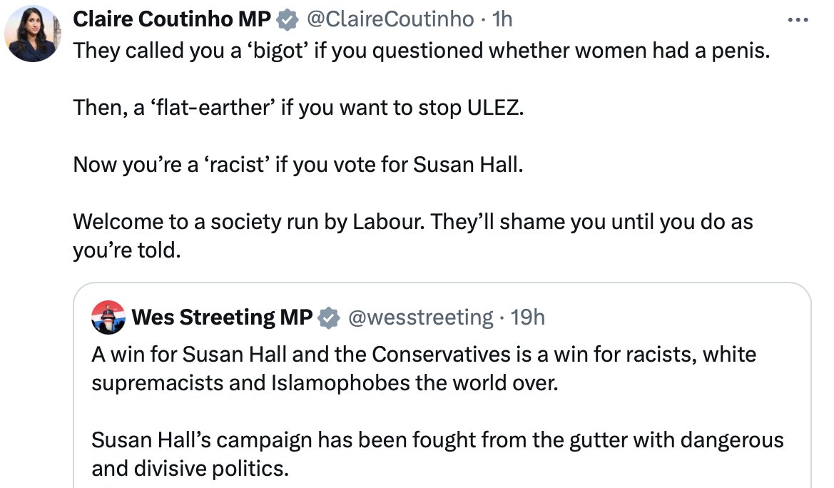 Hear hear Claire! Also please note the hypocrisy of Wes Streeting's line where he says Susan Hall's campaign 'has been fought from the gutter with dangerous and divisive politics.' Has there EVER been a bigger hypocrite? #TypicalLabour #WesStreeting #NeverLabour