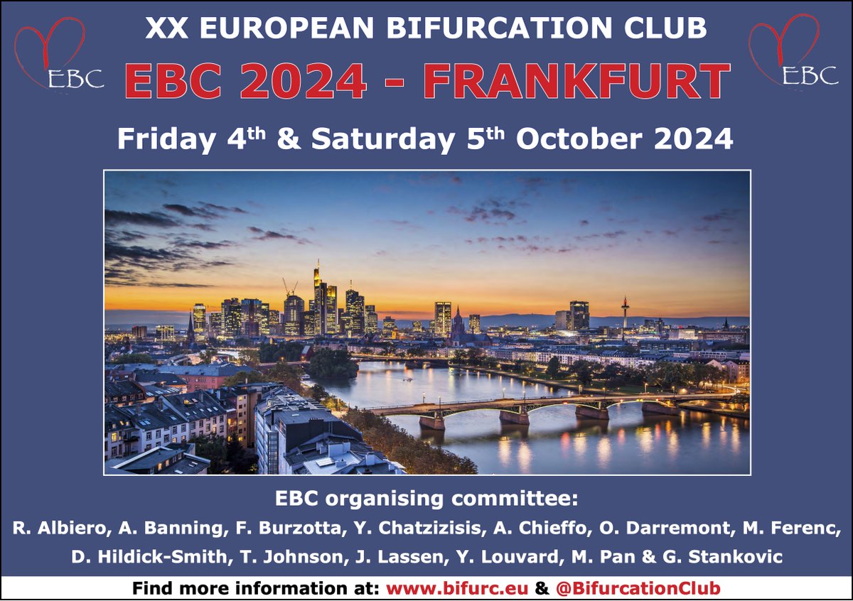 🩺❤️‍🩹On behalf of the European Bifurcation Club committee we are very pleased to announce that this year's EBC meeting will be held on the 4th & 5th October 2024 in FRANKFURT, GERMANY! bifurc.eu @GoranEBC #EBC2024 #bifurcation #CardioTwitter #cardiology @alaide_chief