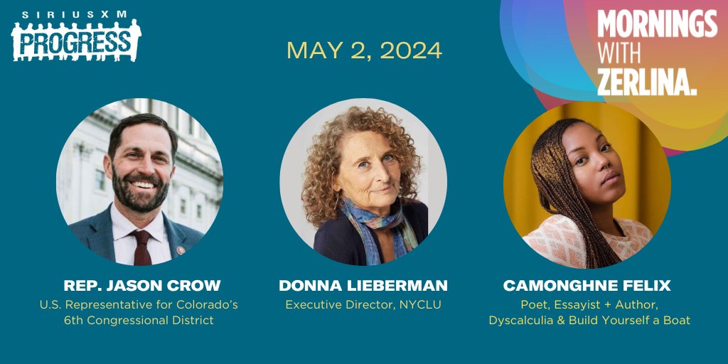 Hello Thursday! Joining @ZerlinaMaxwell on the show this morning: U.S. Representative for Colorado's 6th Congressional District @RepJasonCrow, @NYCLU Executive Director @JustAskDonna + Poet, Essayist & Author @CAMONGHNE! 📻@SiriusXMProg Ch. 127 siriusxm.us/Zerlina