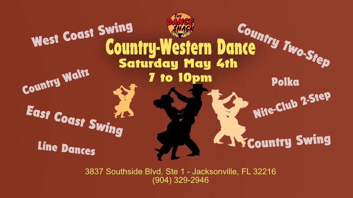 This Saturday, we’ll be throwing a country-western party at @danceshackjax! 2-Step lesson is at 7:00 … followed by nonstop dancing until they shut the place down. Yeehaw!!

#twostep #westcoastswing #eastcoastswing #countryswing