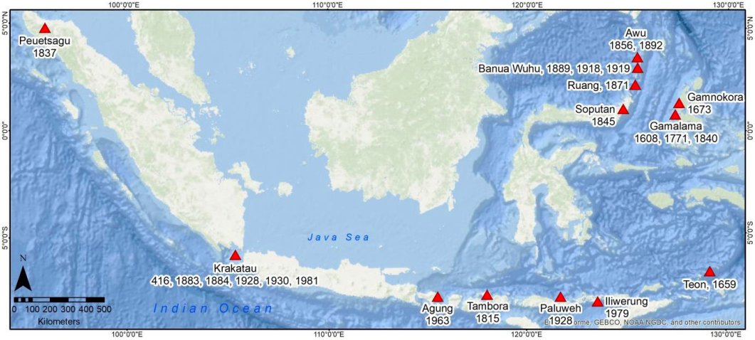 Gunungapi Ruang di Sulawesi pernah mengakibatkan tsunami vulkanik pada tanggal 5 Maret 1871 dengan maksimal run-up mencapai 25 m.

Sources:
- doi.org/10.1088/1755-1…
- doi.org/10.1007/BF0260…