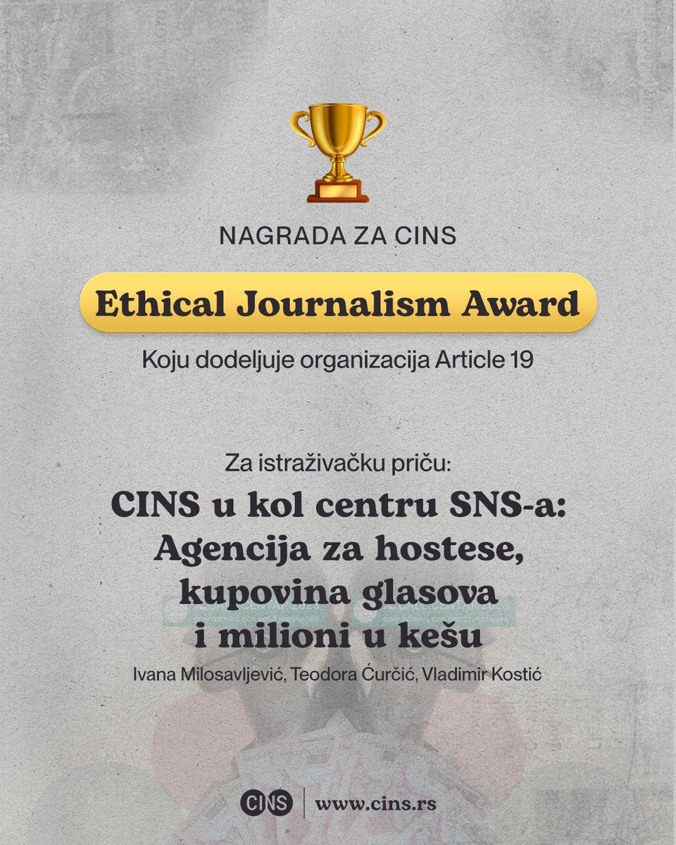 Važna nagrada za CINS! 🏆🎉

Poštovanje novinarskih i etičkih principa prilikom izveštavanja nam je veoma važno. 

Zato smo ponosni što smo dobitnici nagrade za etičko novinarstvo koju dodeljuje organizacija Article 19.

 #podržicins