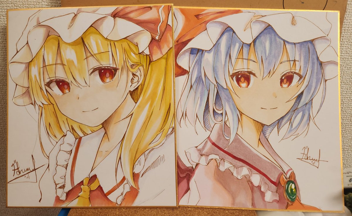 flandre scarlet ,remilia scarlet looking at viewer smile short hair shirt blonde hair multiple girls red eyes  illustration images