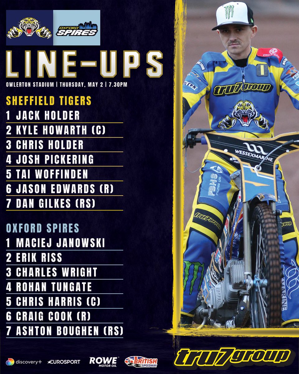 👨‍👨‍👦‍👦📋 𝗧𝗘𝗔𝗠 𝗡𝗘𝗪𝗦

We’ve got quite the line-up for you tonight!

Between the riders on display, they have:
2️⃣6️⃣ Grand Prix victories
8️⃣ British Championship titles

Owlerton Stadium is the place to be tonight!

𝗖𝗢𝗠𝗘 𝗢𝗡 𝗬𝗢𝗨 𝗧𝗜𝗚𝗘𝗥𝗦!

🐯 #TigersPride | #SHEOXF