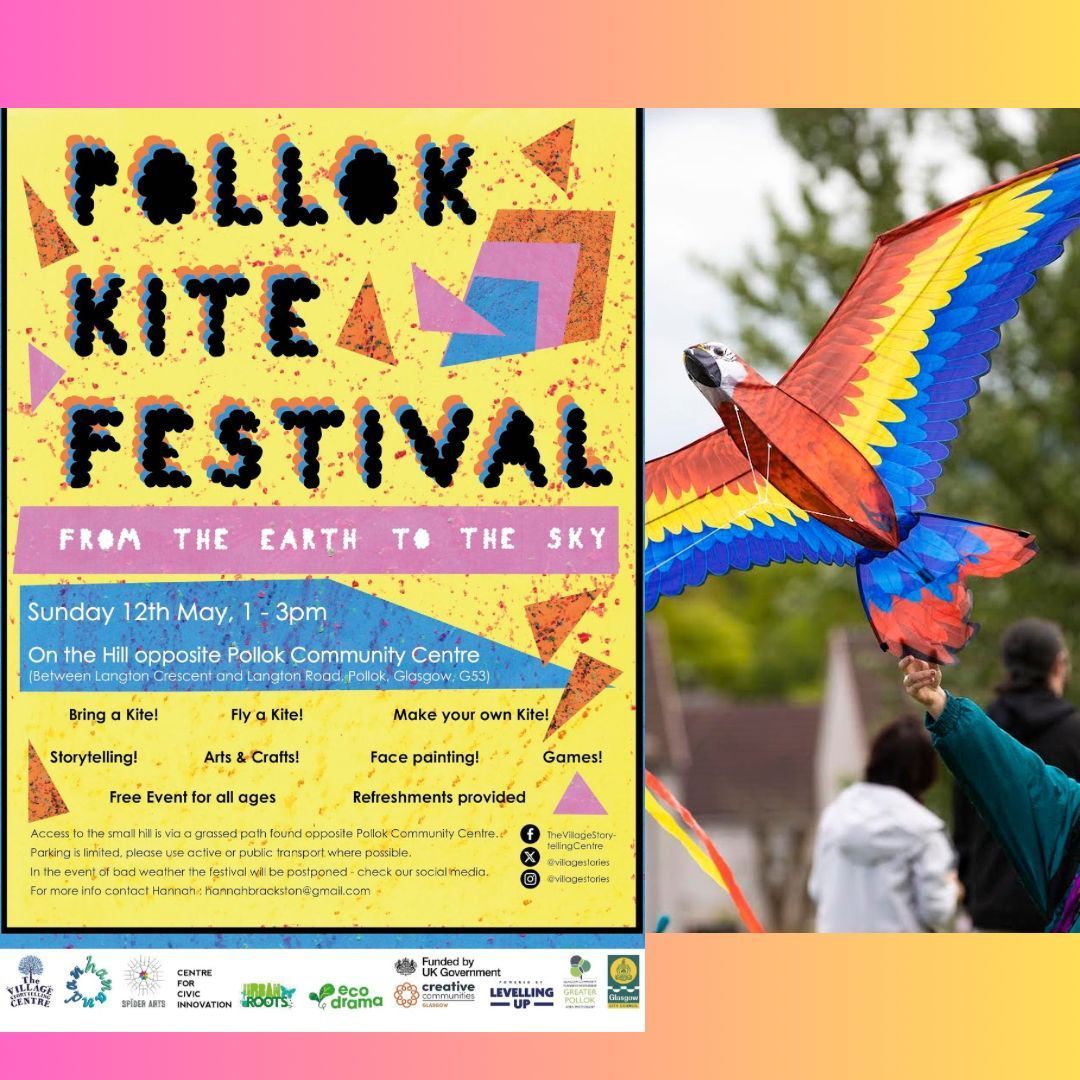 Pollok Kite Festival - Free event! Join us for a day of kite flying, storytelling, arts & crafts, and many other activities! Free, all ages welcome!
When: Sunday, May 12th, 1-3 pm
Where: on the Hill opposite Pollok Community Centre