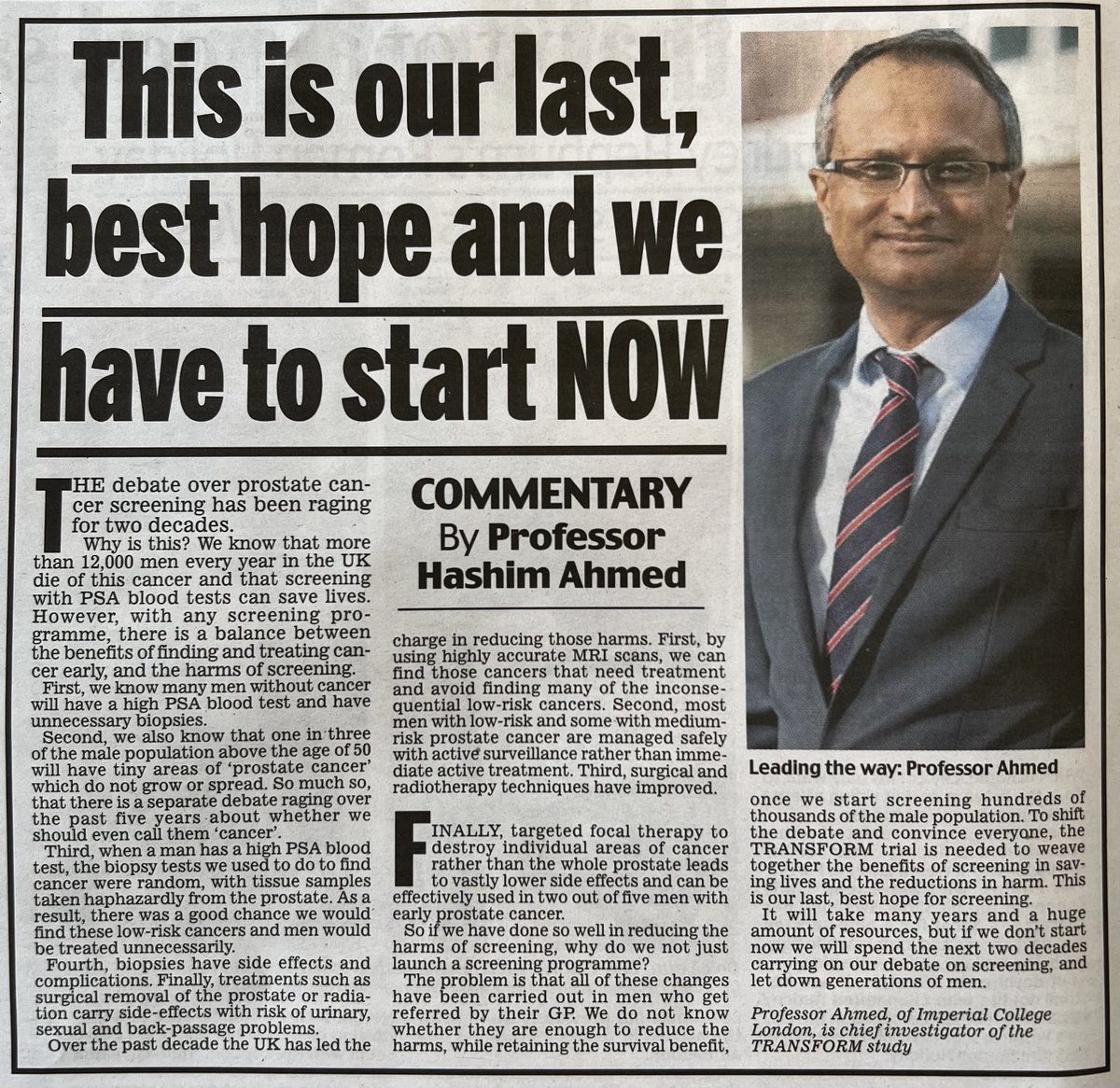 🗞️👀 In case you missed it! @DailyMailUK 💬 It will take many years and a huge amount of resources, but if we don't start now we will spend the next two decades carrying on our debate on screening, and let down generations of men. @LondonProstate1