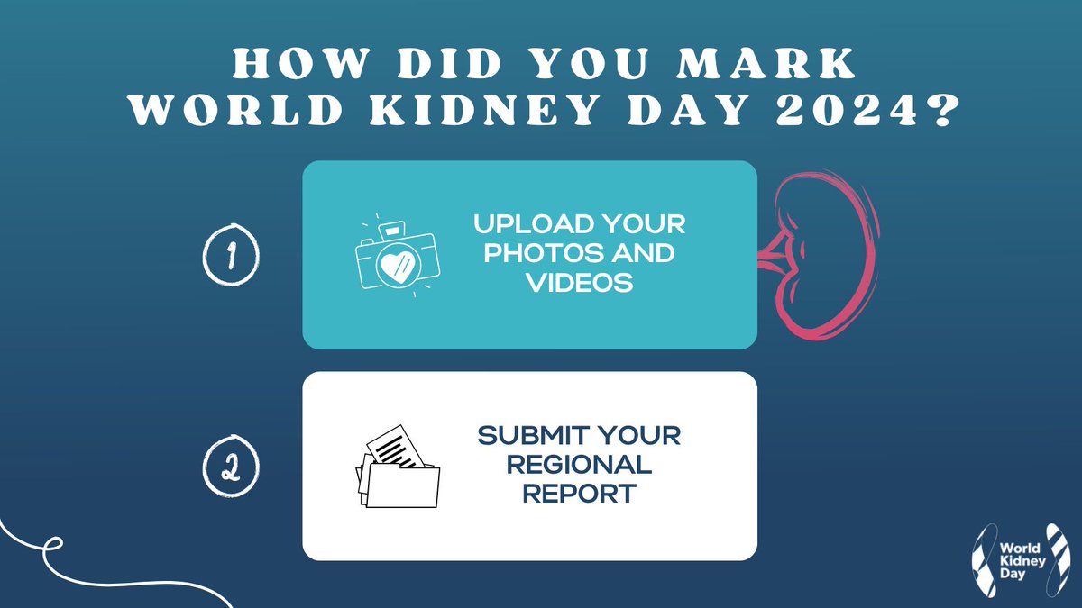 Submit your #WorldKidneyDay 2024 report and upload your pictures to be featured on our website! ➡️ Submit your country report showcasing all activities organized: worldkidneyday.org/wp-content/upl… ➡️ Submit your photos via the World Kidney Day profile: worldkidneyday.org/gallery/2024-p…