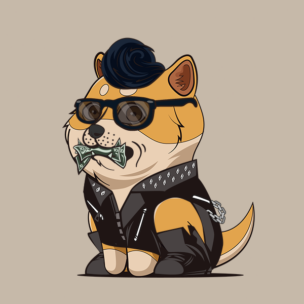 A baby doge NFT with plain fur and wayfarer eyes wears cool goth clothing and a unique headwear. Despite its fiat mouth, it exudes confidence against a nude background.