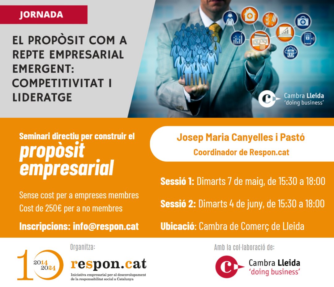 Queden pocs dies! Tarda de Propòsit a Lleida amb dos actes! 📍Cambra Comerç Lleida 📅 Dimarts 7/05 ⏰15:30 a 18:00: seminari I ⏰18:30 a 20:00: jornada 📅 Dimarts 4/06 ⏰15:30 a 18:00: seminari II Inscriviu-vos! ➡️Jornada: cambralleida.org/producte/07-05… ➡️Seminari: info@respon.cat